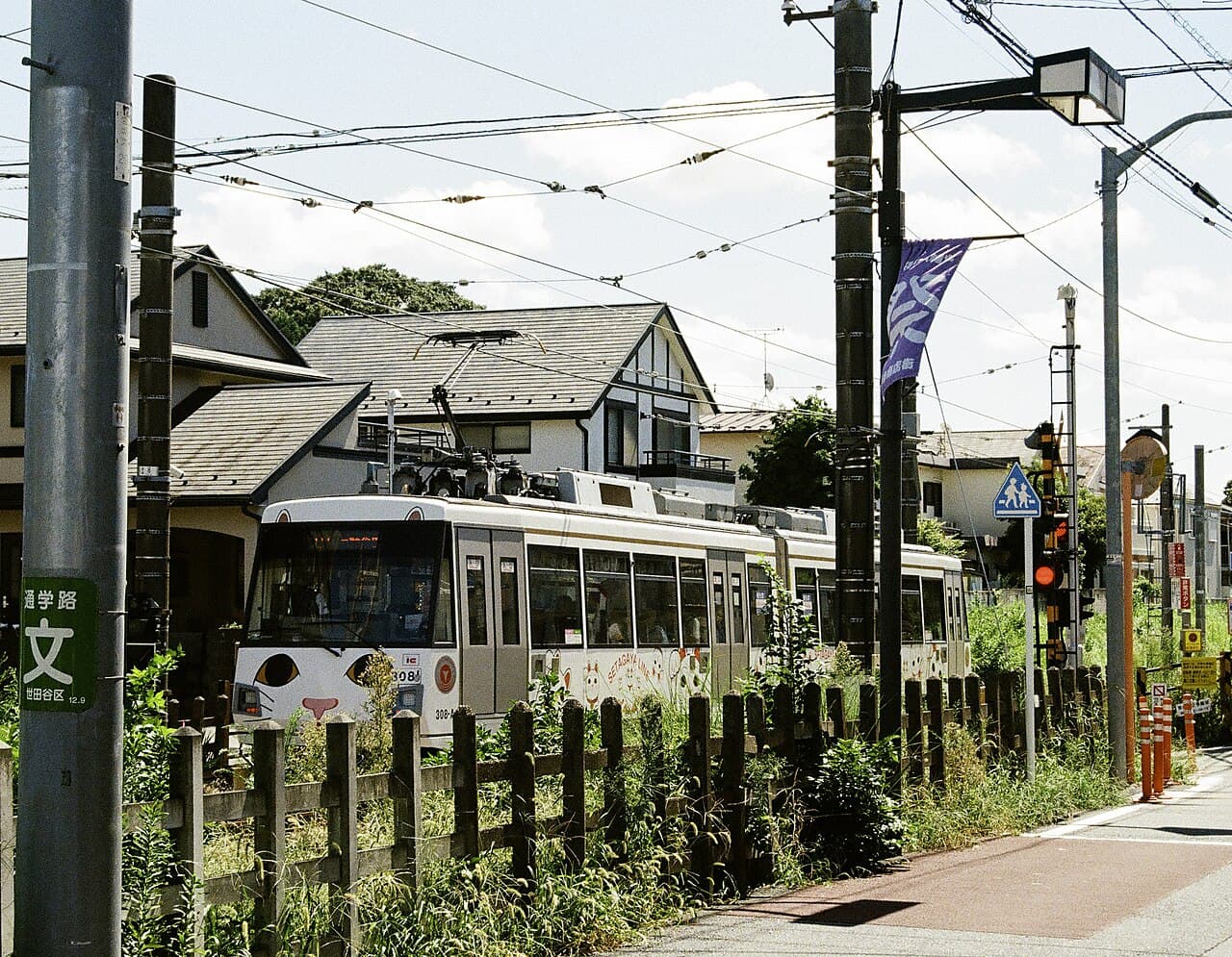 A Manekineko-themed Tokyu Setagaya Line tram passing a quiet residential street — the ward's only north-south rail line, and the kind of low-rise streetscape that makes up most of Setagaya outside its few dense hubs
