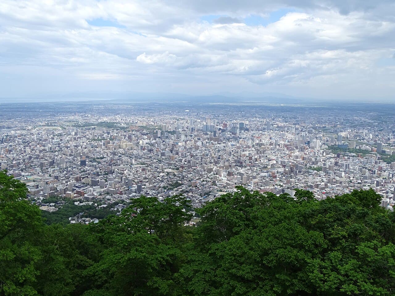 Sapporo seen from Mount Moiwa: green treetops in the foreground, then a dense spread of low- and mid-rise buildings with a cluster of taller towers in the centre, stretching across a flat plain to distant hills under a cloudy sky